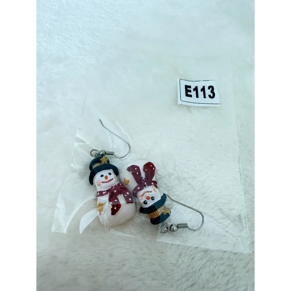 Cute Christmas Snowman Dangle Earrings Red Polka Dot Scarf Top Hat Winter Descr